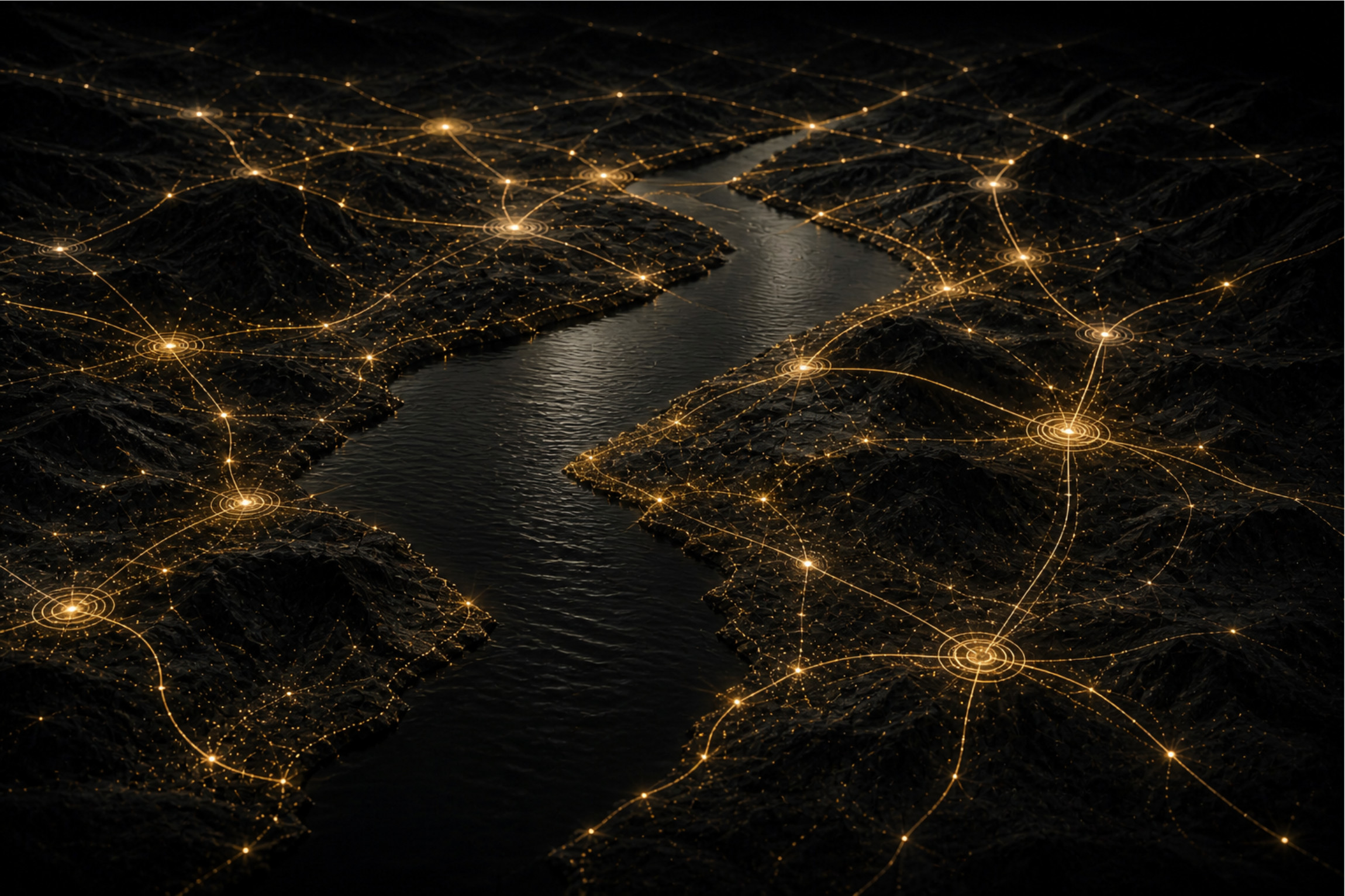 Aerial view of a dark mountainous landscape traversed by a glowing network of gold connection lines and signal nodes.