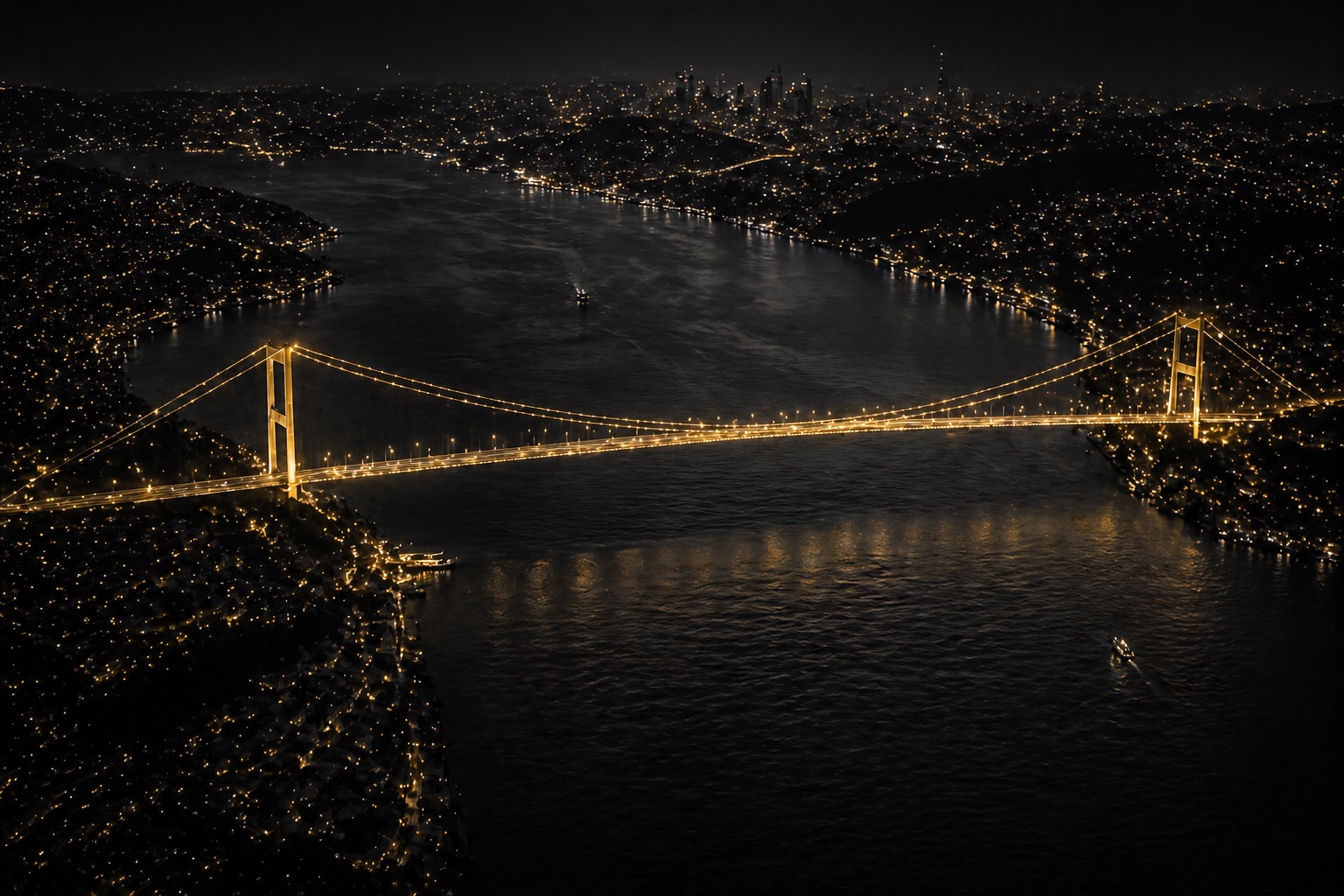 Illuminated bridge connecting a city at night