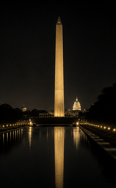 Washington Monument and the U.S. Capitol illuminated at night